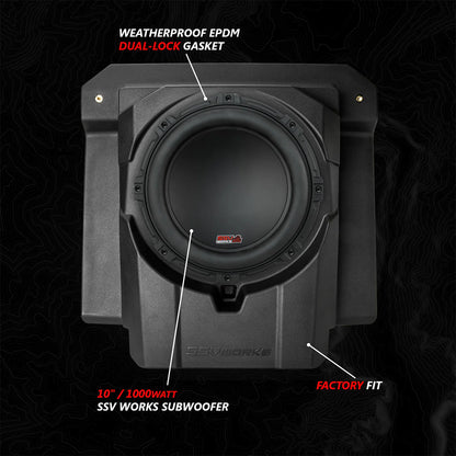 SUV Works subwoofer with labeled features on a black background