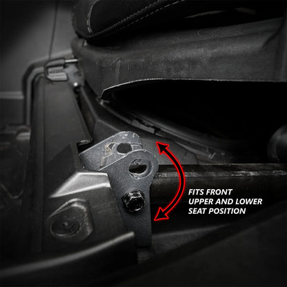 Close-up of a car seat adjustment mechanism with text indicating its fit for front upper and lower seat positions.