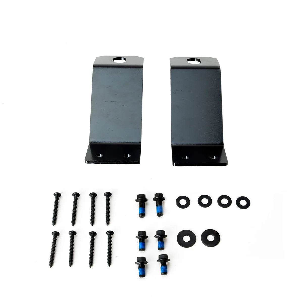 Two black metal brackets with screws and washers on a white background