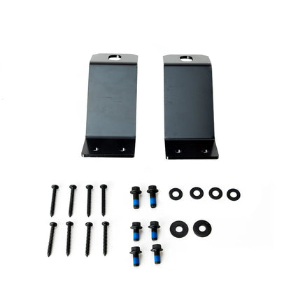 Two black metal brackets with screws and washers on a white background