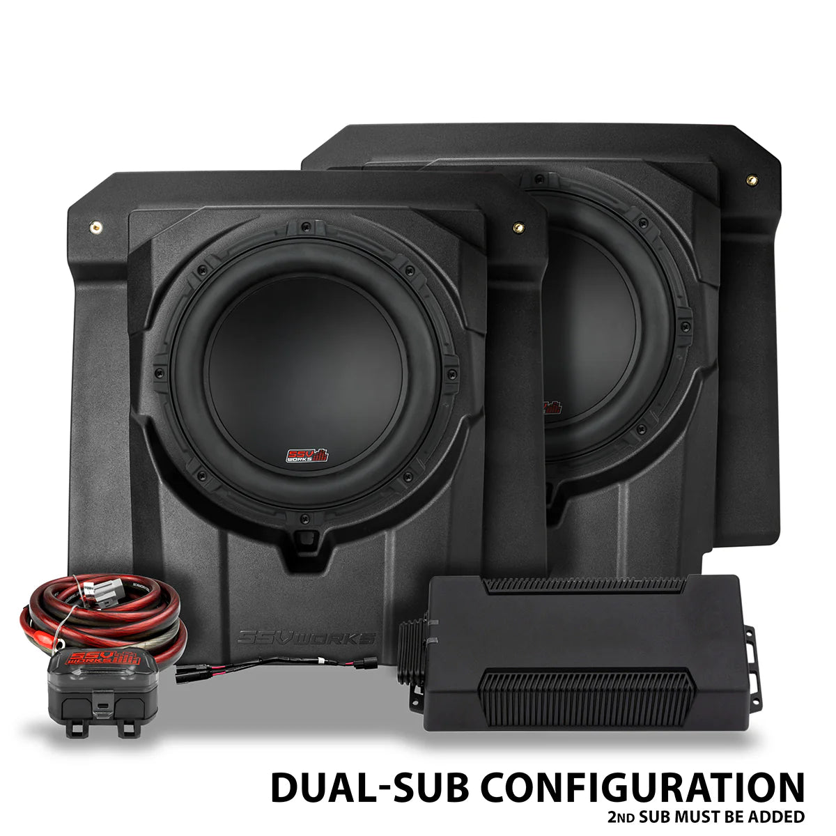 Car audio system with dual subwoofers, amplifier, and wiring on a white background