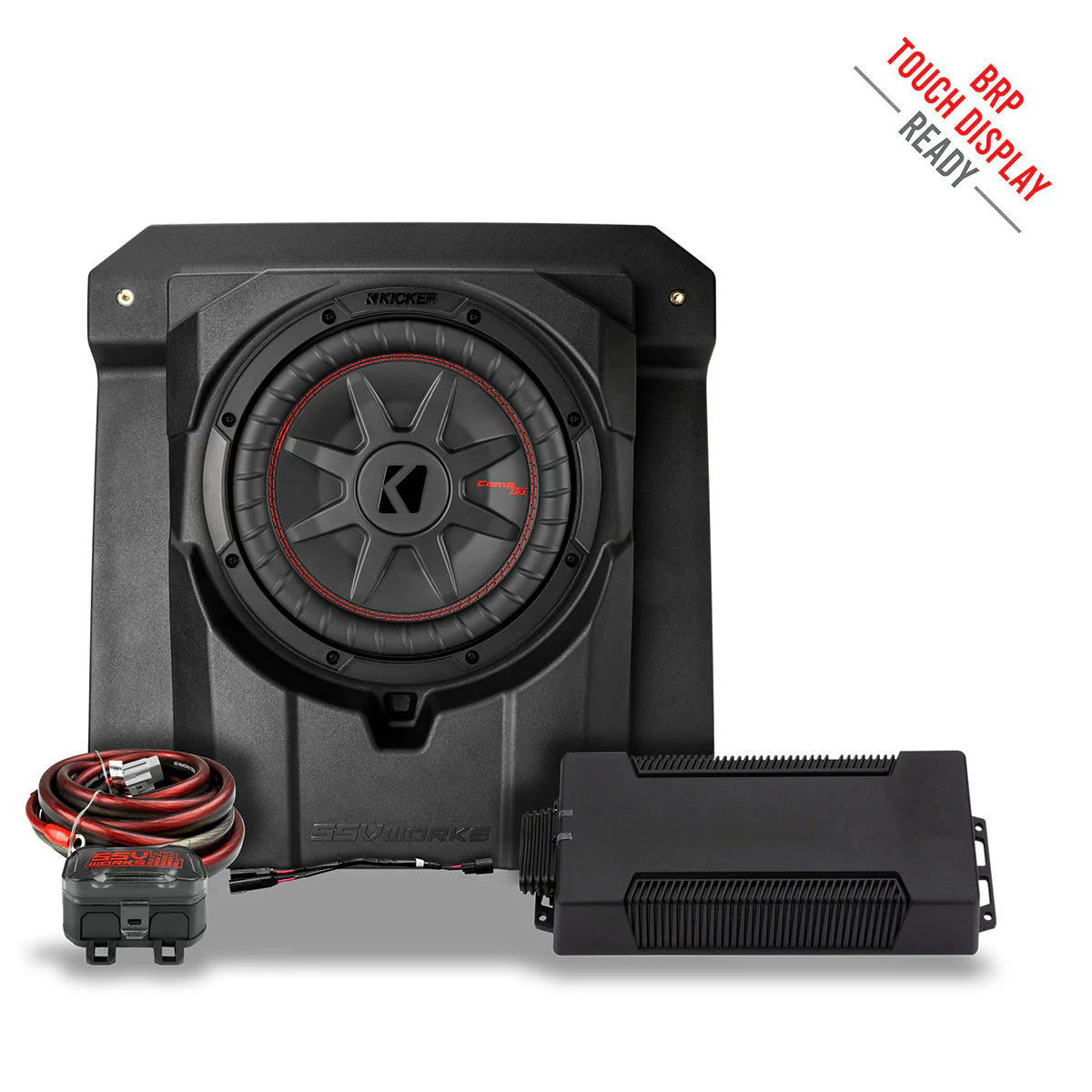 Car audio subwoofer system with amplifier and wiring on a white background