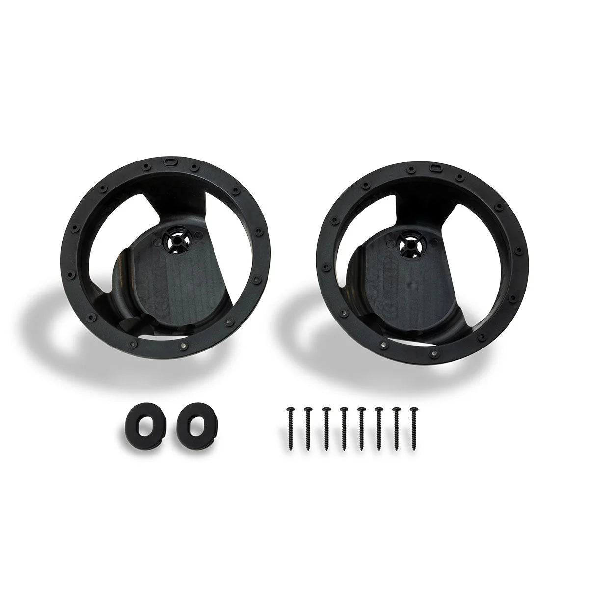 Two black metal wheels with screws on a white background