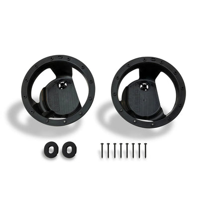 Two black metal wheels with screws on a white background