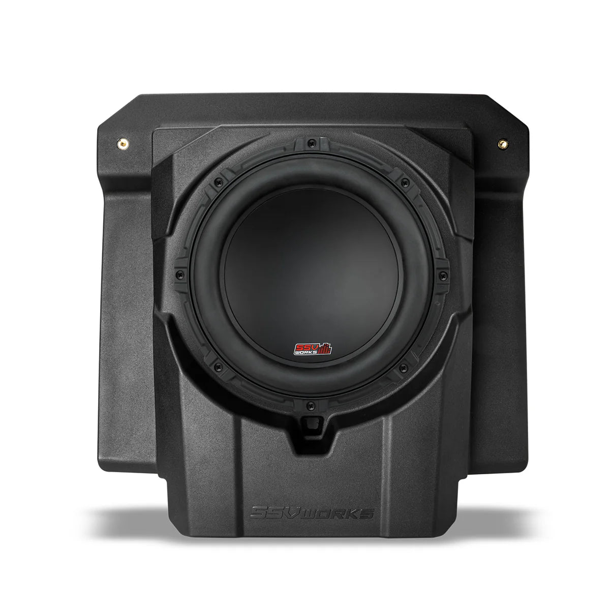 Car subwoofer in a enclosure with 'Kicker' branding on a white background