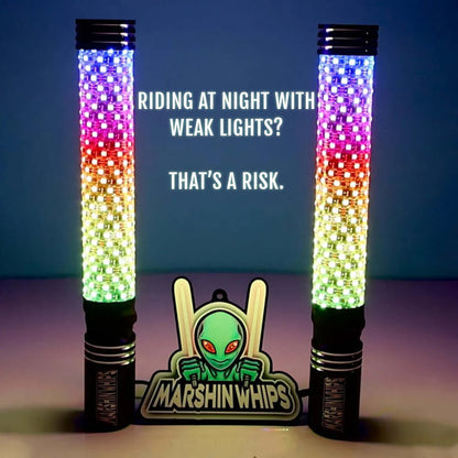 Two colorful Marshin Whips with a safety message and logo on a gradient background