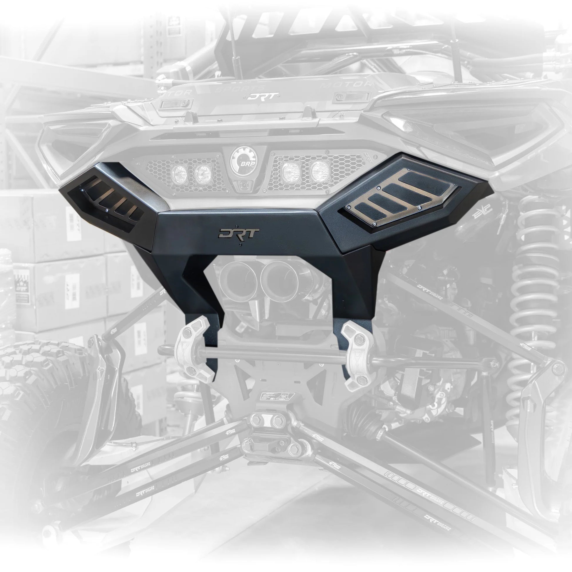 Car undercarriage with 'DRT' branding on a transparent background