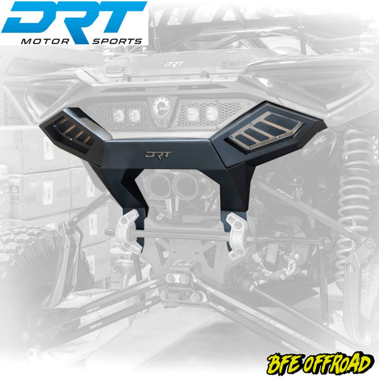 Black vehicle roof rack with DRT Motor Sports branding on a blurred off-road vehicle background.