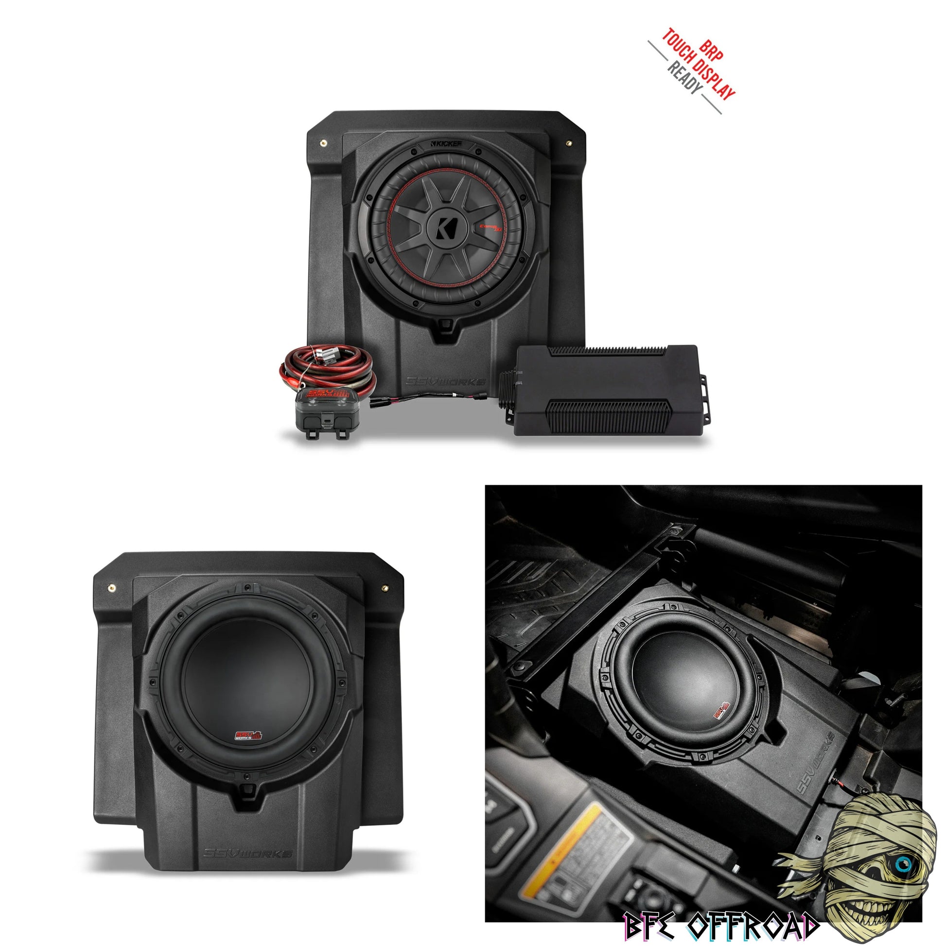 Car subwoofer system with installation view on a white background