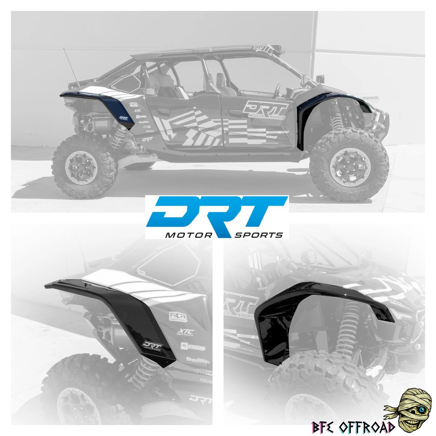 Off-road vehicle with DRT Motor Sports branding and BFE Offroad logo on a gray background