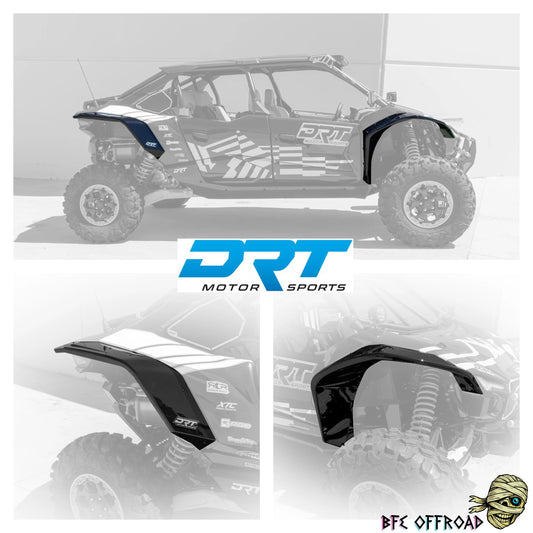 Off-road vehicle with DRT Motor Sports branding and BFE Offroad logo on a gray background