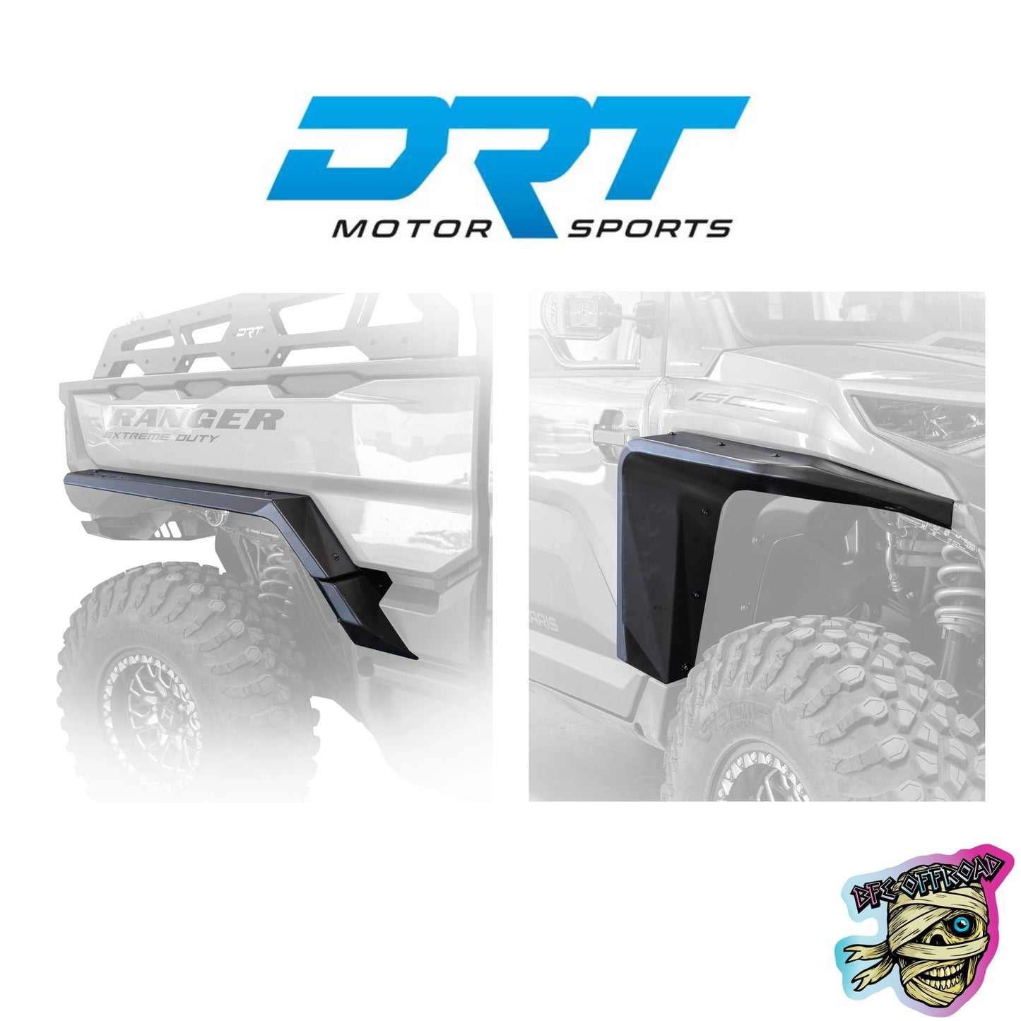 Black plastic fender flares shown installed on a white UTV, with a large blue 'DRT MOTOR SPORTS' logo at the top and a 'BFE Offroad' logo in the bottom right corner.