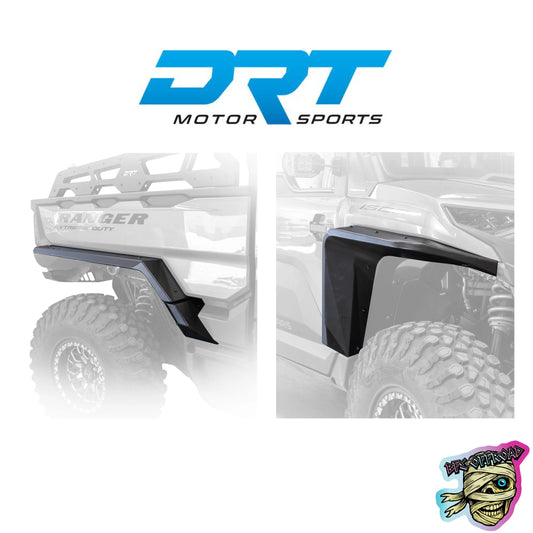 Black plastic fender flares shown installed on a white UTV, with a large blue 'DRT MOTOR SPORTS' logo at the top and a 'BFE Offroad' logo in the bottom right corner.