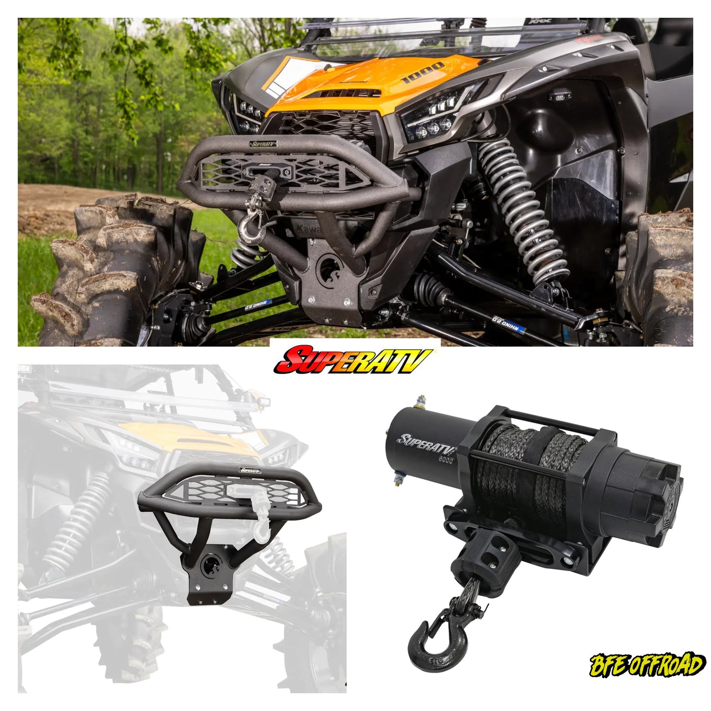 ATV with SuperATV winch and bumper, featuring the SuperATV logo.