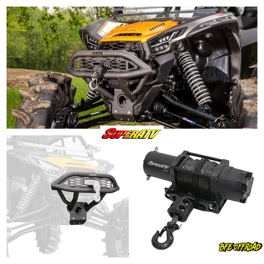 ATV with SuperATV winch and bumper, featuring the SuperATV logo.