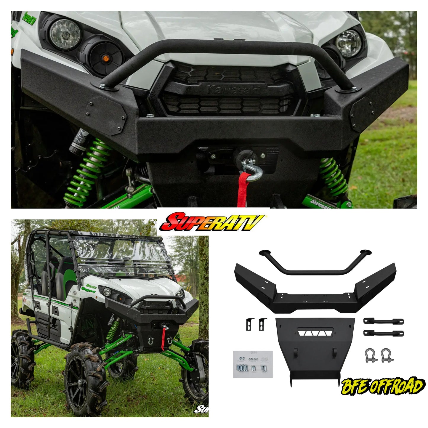 ATV with front bumper and additional parts on a grassy background, featuring SuperATV branding.