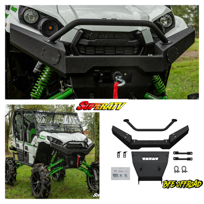 ATV with front bumper and additional parts on a grassy background, featuring SuperATV branding.