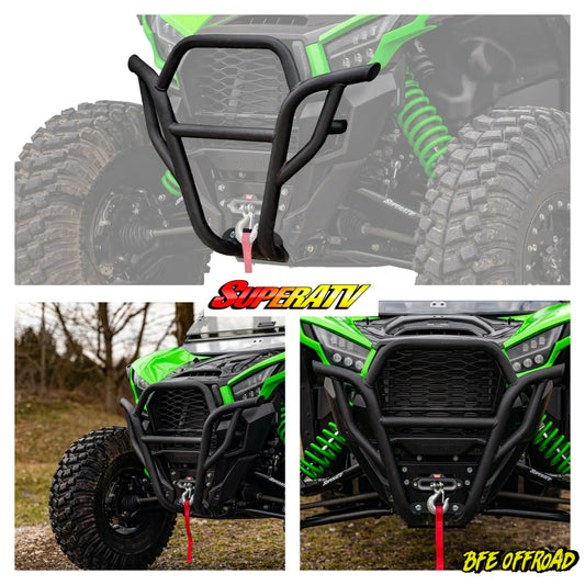 Black front bumper on a green ATV with SuperATV and BFE Offroad branding.
