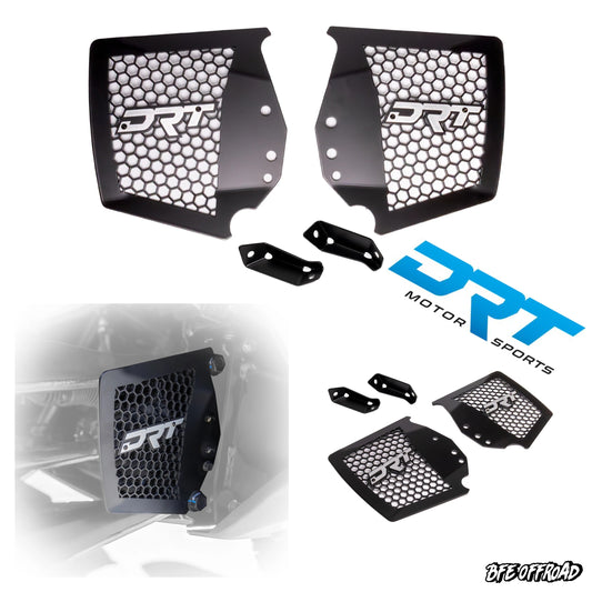 Motor sports grille guards with DRT logo on a white background