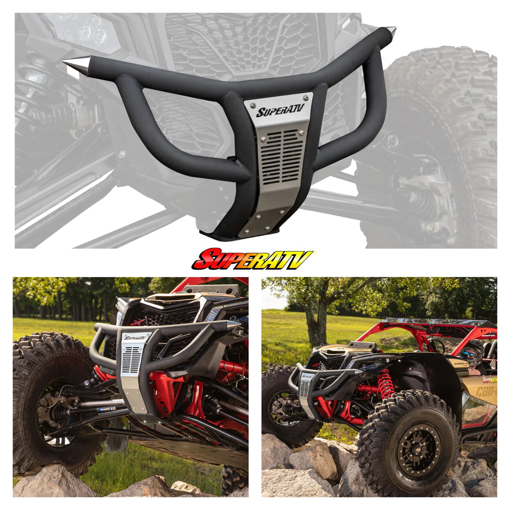 SuperATV bumper on an off-road vehicle with additional images of the vehicle in action.