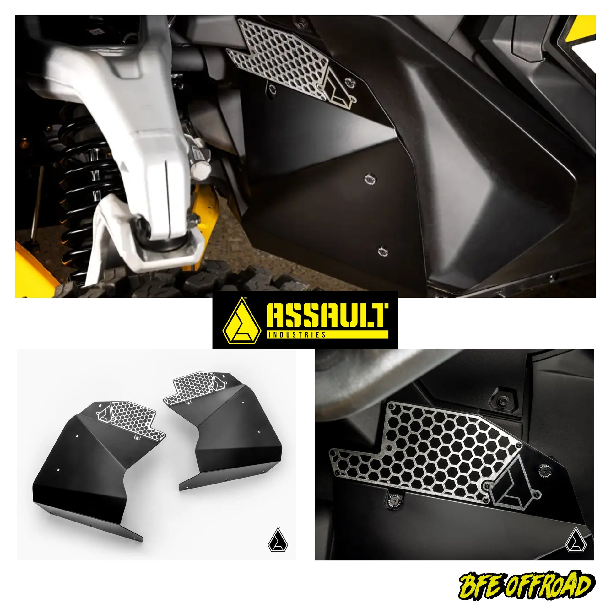 Motorcycle fender and exhaust components with 'Assault' and 'BFE Offroad' branding.