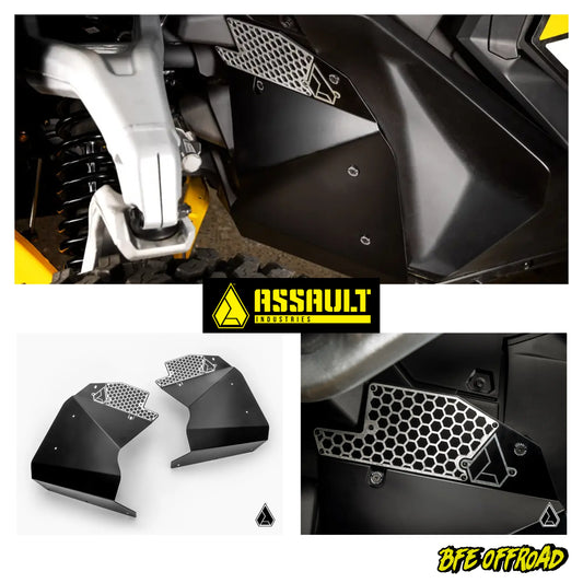 Motorcycle fender and exhaust components with 'Assault' and 'BFE Offroad' branding.