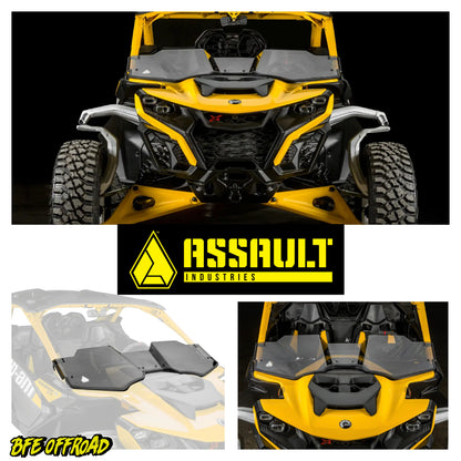 Yellow off-road vehicle with 'Assault Industries' and 'BFE Offroad' branding.