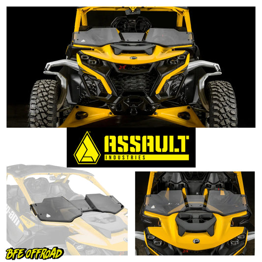 Yellow off-road vehicle with 'Assault Industries' and 'BFE Offroad' branding.