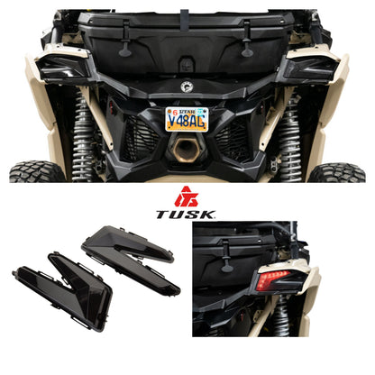 Front view of an ATV with Tusk product components displayed below.