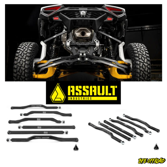 Suspension components with Assault Industries logo and BFE Offroad branding.