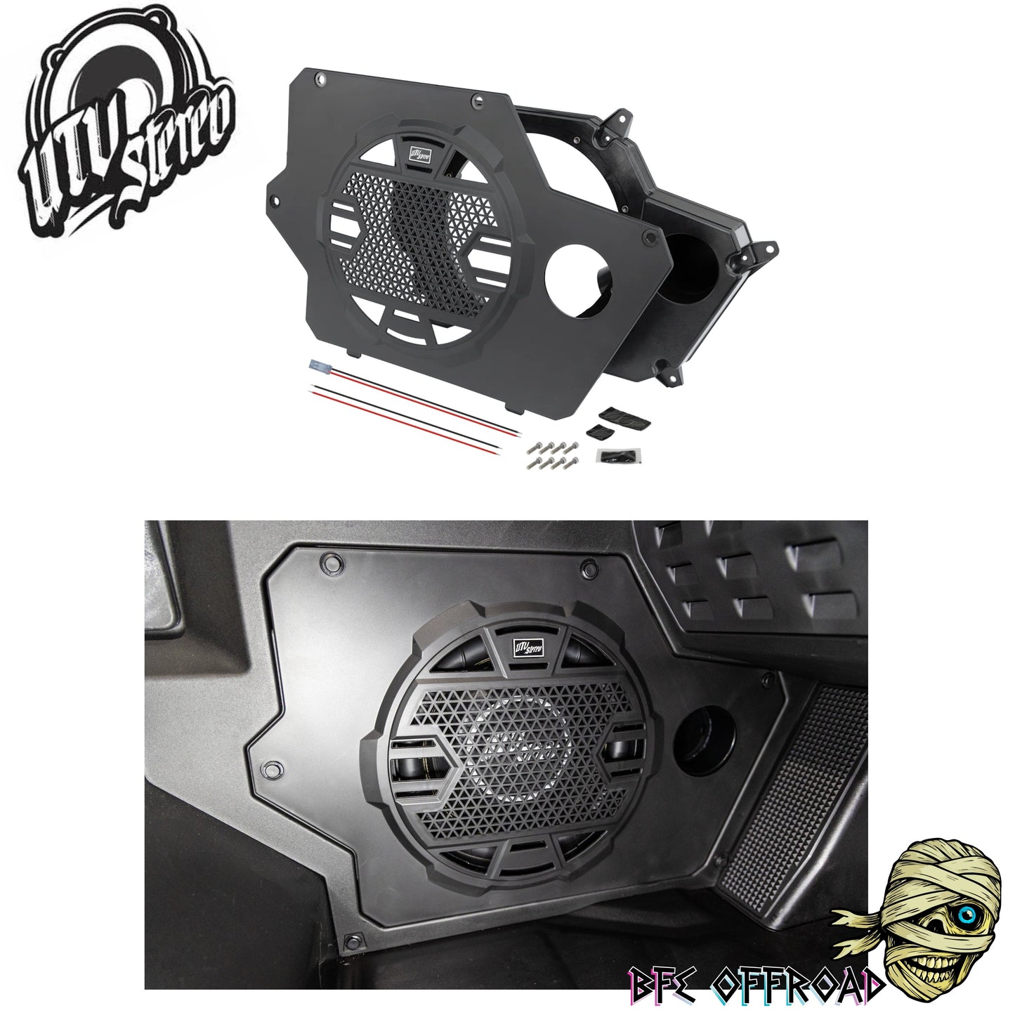 Car audio component set with UTV Stereo logo on a white background