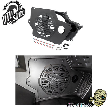 Car audio component set with UTV Stereo logo on a white background