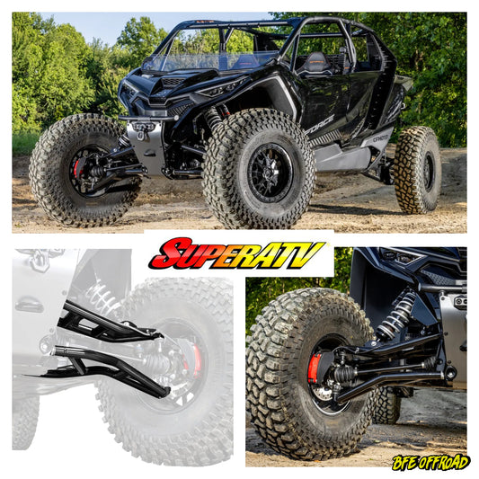 Multiple pictures of control arms with superatv and BFE Offroad logos
