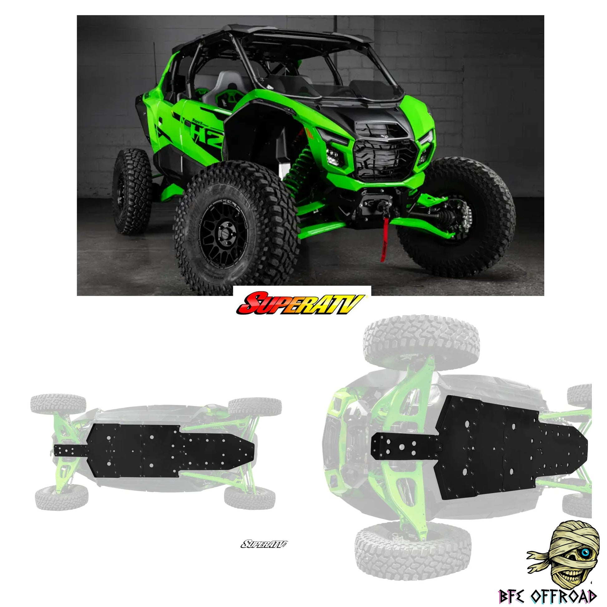 Green off-road vehicle with SuperATV and BFE Offroad branding on a white background.