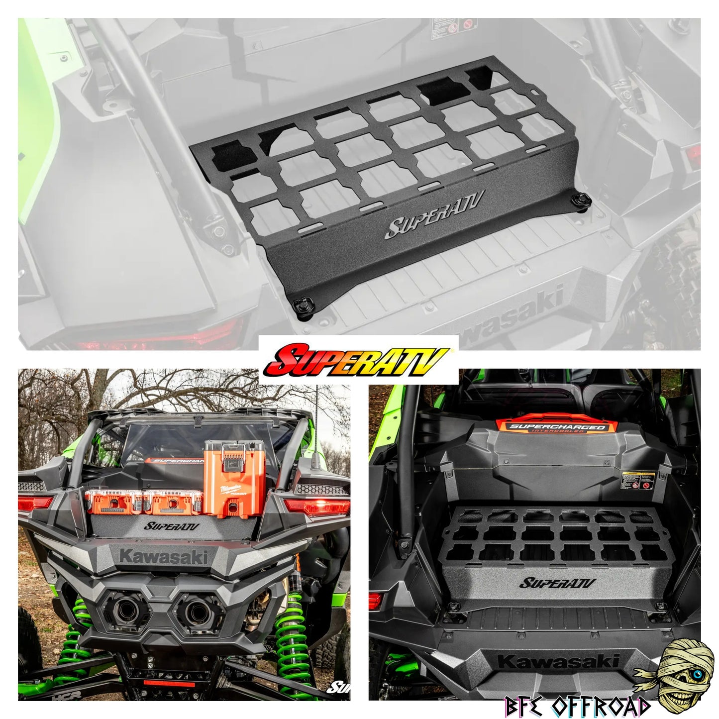 SuperATV cargo carrier with Kawasaki branding on a vehicle, featuring the SuperATV logo.