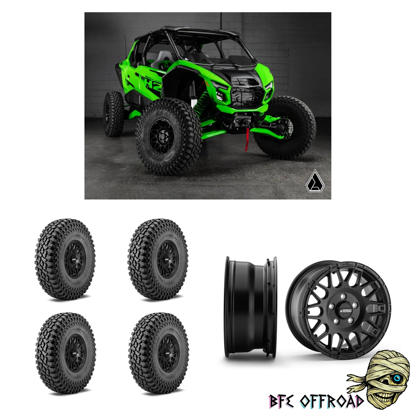 Green off-road vehicle with tires and rims displayed below on a white background