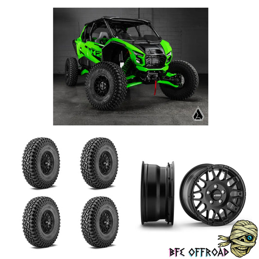 Green off-road vehicle with tires and rims displayed below on a white background