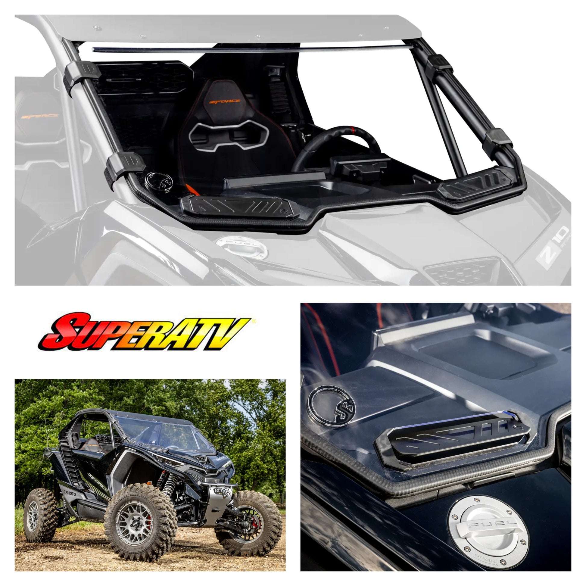 Collage of a vehicle windshield, SuperATV logo, and a UTV on a dirt road.