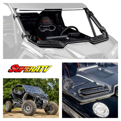 Collage of a vehicle windshield, SuperATV logo, and a UTV on a dirt road.