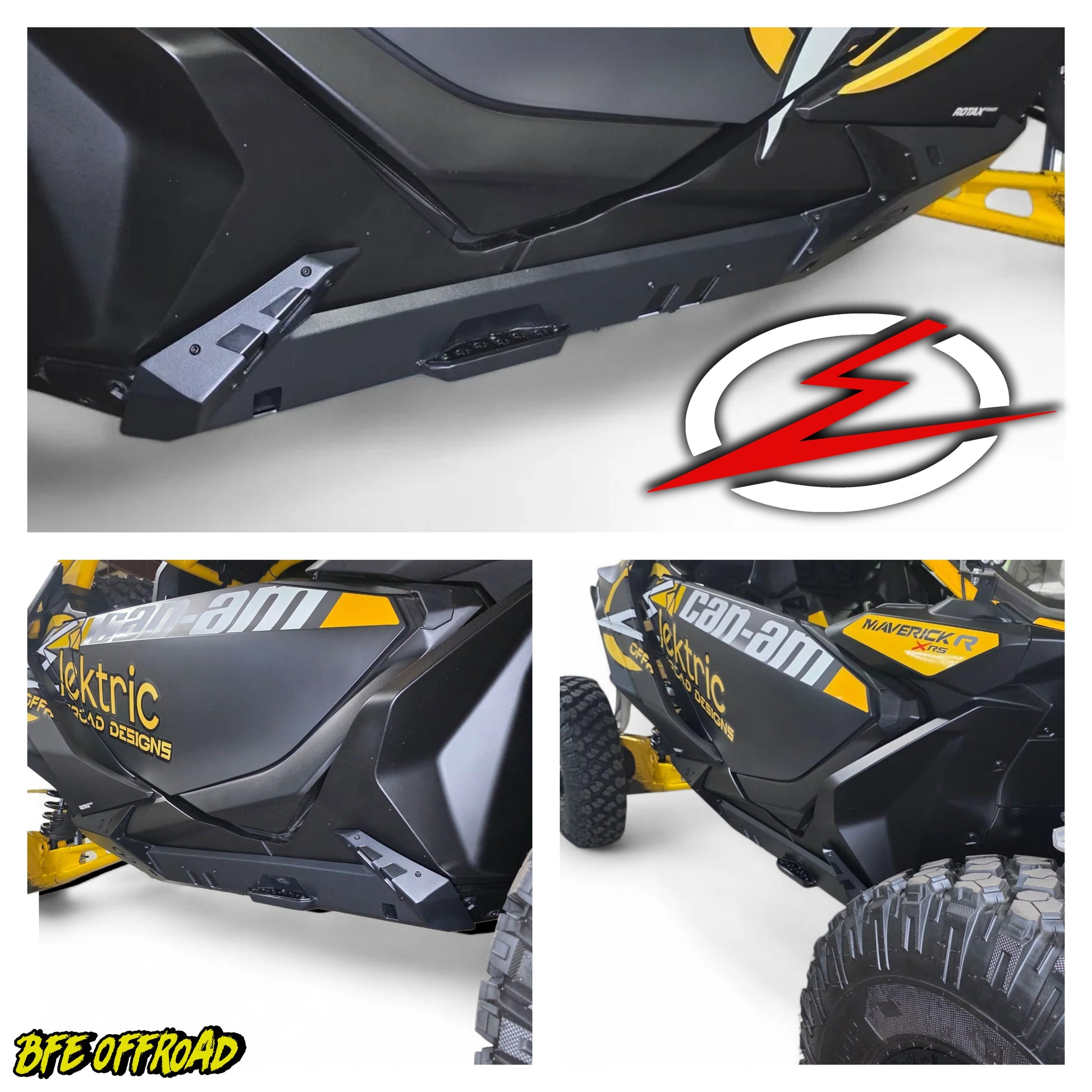 Close-up of a black and yellow off-road vehicle with a logo and branding on a white background.