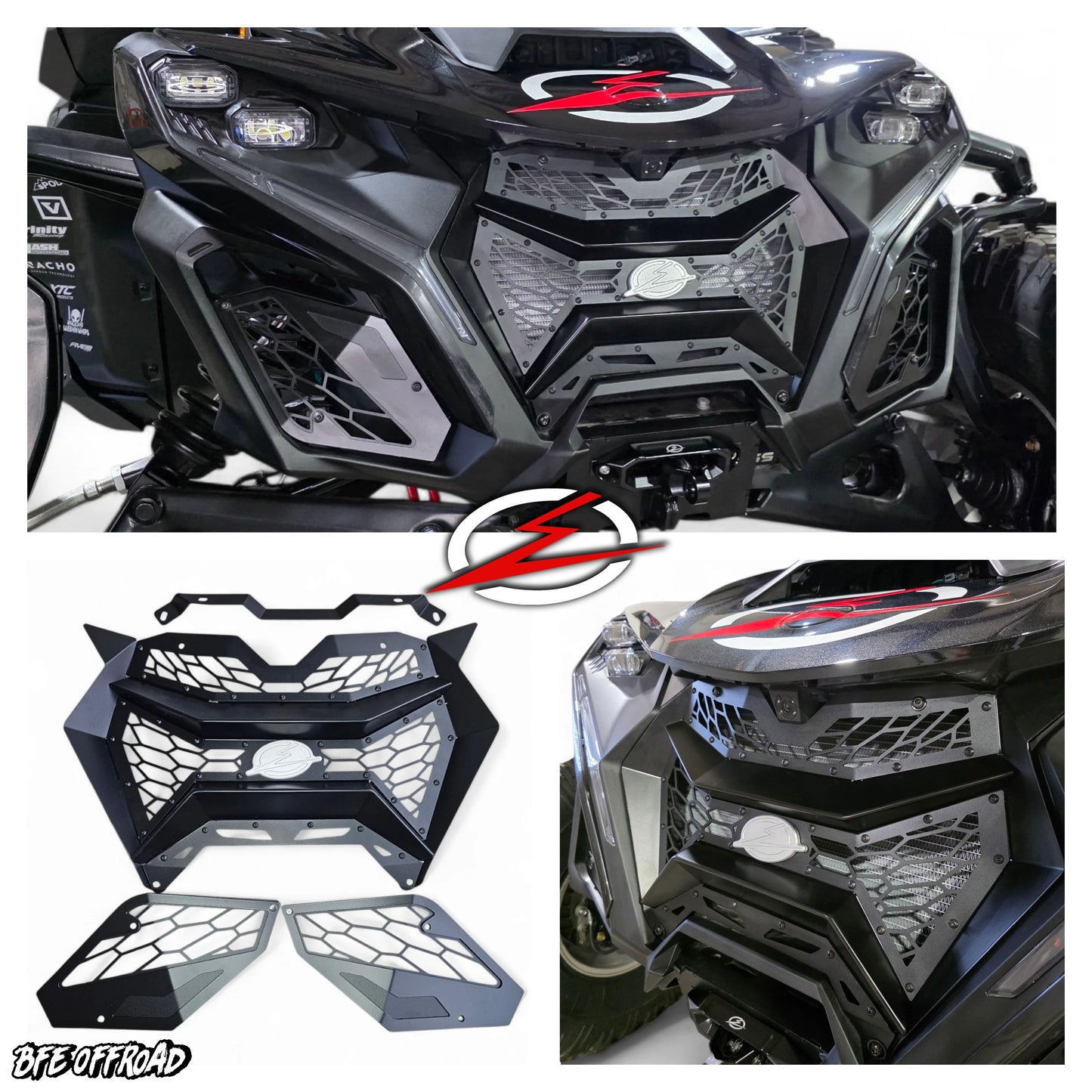 Collage of a black and red off-road vehicle with detailed front grille design on a white background.