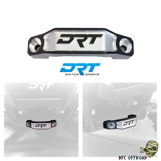 Metallic DRT motor sports component with branding on a white background