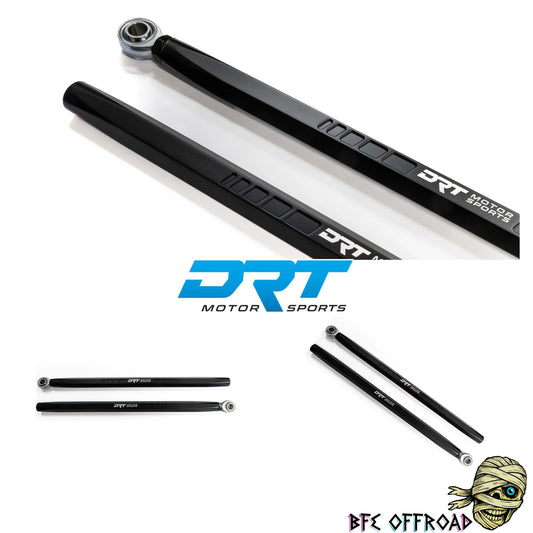 Black metal suspension links with DRT Motor Sports branding on a white background.