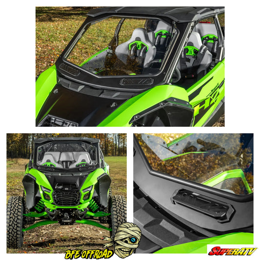 Collage of a green off-road vehicle with close-up details, featuring SuperATV branding.