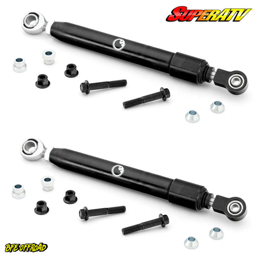 Two black shock absorbers with various mounting hardware on a white background, featuring SuperATV branding.