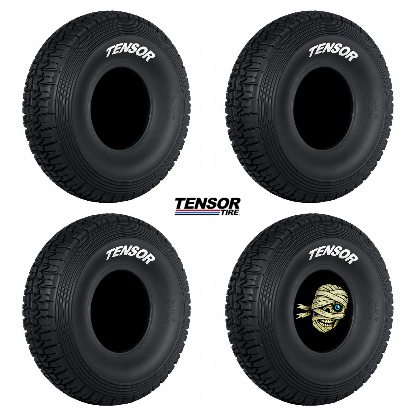Four Tensor tires with a mummy design on one of them, on a white background.