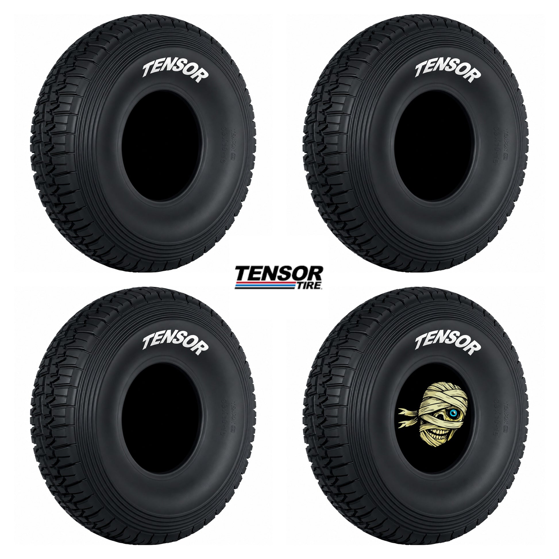 Four Tensor tires with a mummy design on one of them, on a white background.