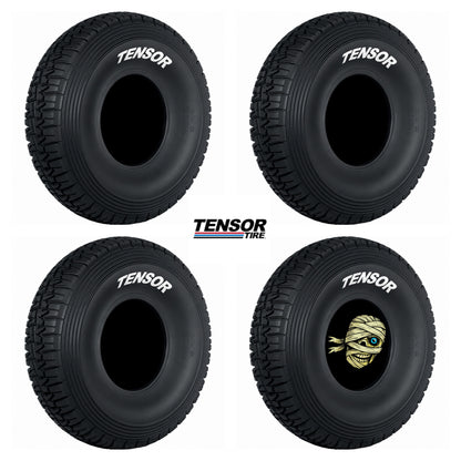Four Tensor tires with a mummy design on one of them, on a white background.