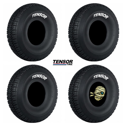 Four Tensor tires with a mummy design on one of them, on a white background.