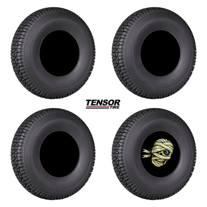 Four black tires with Tensor Tire logo on a white background